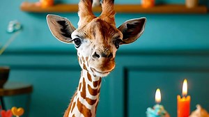 A giraffe standing in front of a birthday cake with candles