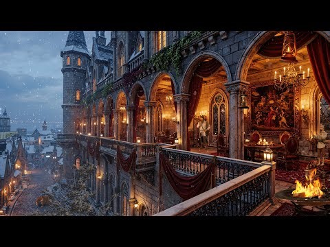 Enchanted Winter Castle Balcony Ambience – Cozy Fire & Gentle Snow Sounds for Relaxing, Sleeping