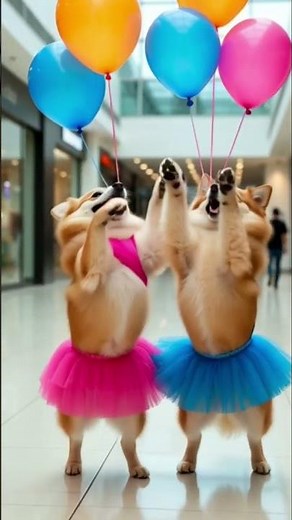 Two Fluffy Dogs Celebrate with Colorful Balloons