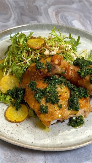 Zoe B. Soderstrom on Instagram: "1 rotisserie chicken, 3 dinners // meal 2: a savory chicken potato & frisée salad with lemon dijon vinaigrette & rotisserie chicken with autumn gremolata 😌"