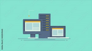 Cloud server hosting. Secure connection website displays on laptop and desktop pc screen, business intelligence with cloud computing technology, video animation.