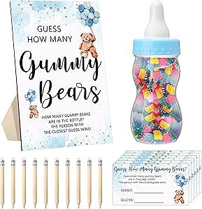 Qilery 122 Pcs Baby Shower Games Guess How Many Bears 100 Guessing Cards 20 Pencils 1 Bottle 1 Wood Standing Sign for Baby Shower Games Gender Reveal Party Decoration(Blue)