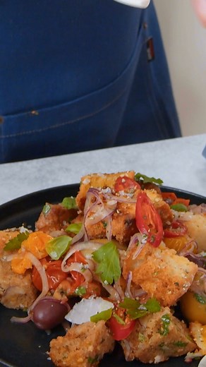 16K views · 67 reactions | Transform old bread into a tasty bread salad! 綾稜✨ Ingredients: - 16 oz stale bread - 8 oz mixed tomatoes - 2 sticks butter - 2 garlic cloves - 1 bunch of parsley - 1 tbsp salt - 1 red onion, sliced - ¾ cup mixed olives - juice of 1 lemon - grated parmesan to garnish Bake at 350°F for 10 minutes.  RECIPE: www.scrumdiddlyumptious.com/3-stale-bread-recipes #scrumdiddlyumptious #leftovers #bread #saladrecipe #lunchideas | Scrumdiddlyumptious | Facebook