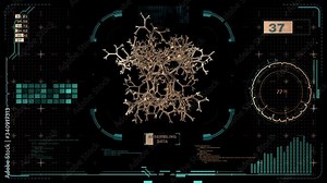 Futuristic medical lab turntable loop, Organic cell branch network electron microscope scan on Holographic screen virtual hud elements, Futuristic User Interface Stock Video
