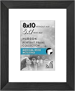 Americanflat 8x10 Picture Frame with Shatter-Resistant Glass - Use as 5x7 Frame with Mat or Display 8x10 Photo Without Mat - Hudson Collection - Wide Picture Frames for Tabletop and Wall - Black