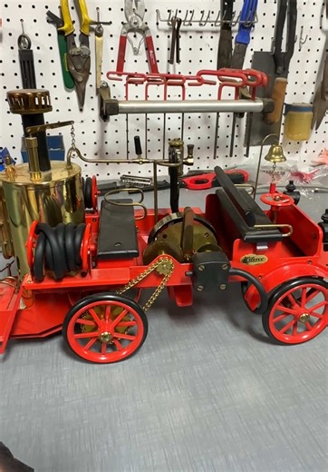 The Wilesco Model D 305 steam driven Fire Truck is based on an original which was produced by Magirus in Germany at the beginning of the last century. The Fire engine is operated by the steam engine. It can be driven forward and reverse. When the fire engine is stationary and the clutch is disengaged the water pump can be operated. Check this out and more at ministeam.com #fireengine #firetruck #steamengine #foryoupage #hobby