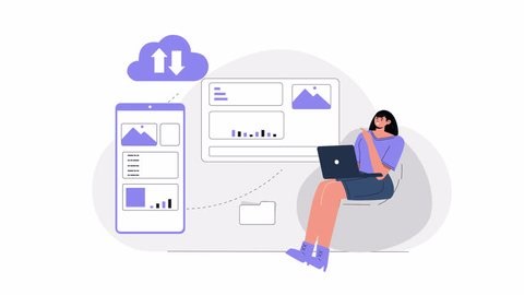 Flat-style scene animation showing various aspects of data security, such as cybersecurity measures, data encryption, and safe storage practices for protecting personal and business data.