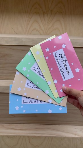 Eidi envelopes pack of 5 for 750 with customised text 💕 #eidi #eid #eidmubarak #envelopes #handmade #cards #stars #pastels
