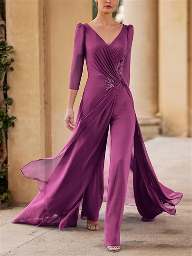 Jumpsuit Mother of the Bride Formal Wedding Guest Elegant Straight Neckline V Neck Floor Length Chiffon 3/4 Length Sleeve with Ruched Cascading Ruffles 2025 - $184.99