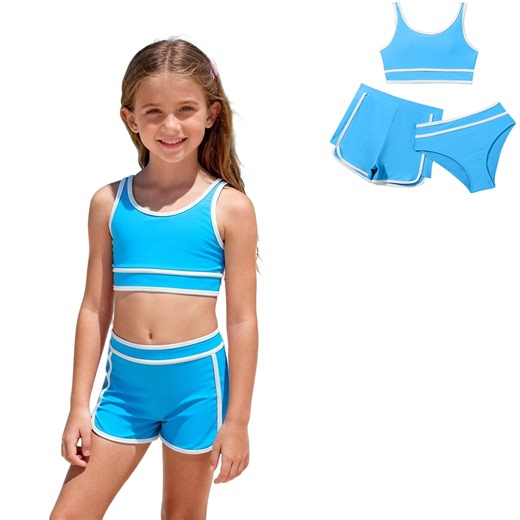 Girls' 3 Piece Bikini Set with Shorts Cove Up Sets Blue Kids Bathing Suits 13-14 Years