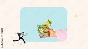 Contemporary stop motion. Creative animation in retro style. Businessman running in direction to alcohol mojito cocktail. Late for party. Concept of fun, party, lifestyle, Friday meeting, weekend