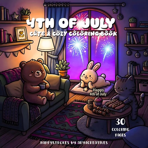 4th of July Coloring Book, Independence Day Coloring Pages, Cozy Hygge Patriotic Scenes, Cute Animal Coloring Book, Digital Printable - Etsy