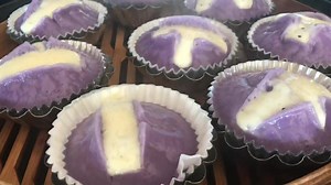 Rice cakes/Puto Prep time: 10 minutes Cooking time: 8-10 minutes Yields: 6 rice cakes 1 1/2 cups rice flour 1 tbsp baking powder Pinch of salt 3 tbsp sugar 1/3 cup evaporated milk 2/3 cup water Ube flavor Vanilla extract Combine all ingredients in a mixing bowl making sure it is smooth and flour is completely dissolved. Coat ramekins with cooking spray. Pour batter into ramekins. You can put slices of cheese on top if you wish. Steam between 8 to 10 minutes. Brush with melted butter before servi