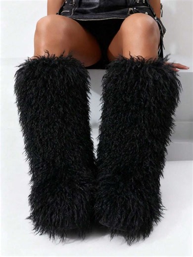 Women's Winter Knee High Boots Pull-On Faux Fur Round Toe Strap Boots For Women Comfy Plush Warm Outdoor Indoor Flat Shoes Punk Party Dressy Furry Fluffy Winter Autumn Fall Boots