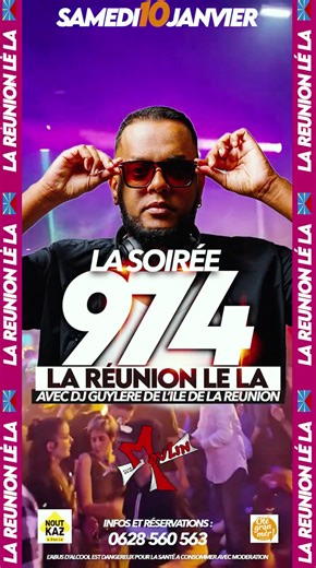 🇷🇪 𝗦𝗔𝗠𝗘𝗗𝗜 𝟭𝟬 𝗝𝗔𝗡𝗩𝗜𝗘𝗥 – La très attendue Soirée 974 - 𝗟𝗔 𝗥𝗘𝗨𝗡𝗜𝗢𝗡𝗡𝗔𝗜𝗦𝗘 - 𝗟𝗔 𝗥𝗘𝗨𝗡𝗜𝗢𝗡 𝗟𝗘 𝗟𝗔 - 𝗦𝗢𝗜𝗥𝗘𝗘 𝟵𝟳𝟰 🌴🔥 – LA SOIRÉE 974 AU MOULIN 25 -🔥🌴 🎧 Avec DJ GUYLERE – Résident du Moulin du Tango de l’Île de la Réunion ! 🇷🇪 💃 ZOUK | DANCEHALL | AFRO | SHATTA | COUPE DECALÉ | MALOYA | SÉGA | MOOMBAHTON | REGGAETON Une explosion de sons tropicaux pour faire vibrer vos nuits ! ✈️ À GAGNER : 1 BILLET D’AVION A/R pour l’Île de la Réunion ! 🌺 Colliers