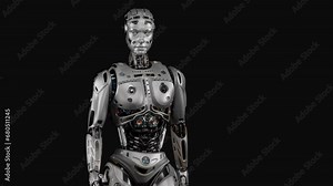 3d rendering animation of a walking futuristic robot or male humanoid cyborg steps from left to right side of the screen. Upper body isolated on black background with alpha