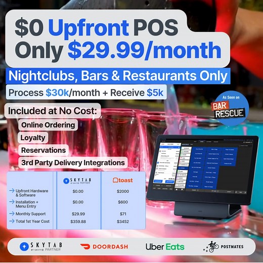 🌟 Get 5K When You Switch to SkyTab POS - Perfect for Bars & Restaurants! 🌟 Are you a bar or restaurant owner tired of losing profits to expensive credit card processing fees? Discover how our SkyTab POS system can revolutionize your business with 0% processing fees and a flat rate under $100/month! 🏷️ 💡Why Switch to SkyTab? ☑️ 5K Incentive: Switch today and receive a fantastic 5k incentive directly to you as the owner. ☑️ Built for Bars & Restaurants: Tailored features to streamline your ope