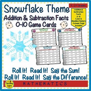 Snowflake Addition & Subtraction Facts 0-10 Roll It!  Read It! Game Cards