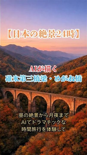 【日本の絶景24時】AIが描く「めがね橋」の幻想的な一日。癒やしの時間旅行へ#AIアート #日本の絶景 #めがね橋 #碓氷峠