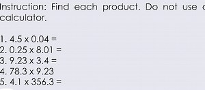 Instruction: Find each product. Do not use calculator.1. 4.5×0... | Filo
