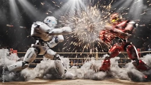 A thrilling futuristic robot boxing match unfolds in a spotlight-drenched arena, with two powerful humanoid machines, one sleek white and the other vibrant red, locked in intense combat. Sparks and de