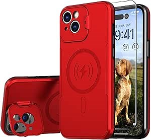 For iPhone 15 Plus Case MagSafe Charger Foldable Stand Camera Protector,Shiny Surface DualLayer Protective Bumper Cover,with 1 Screen Protector（Red） (CFYJ-15plus-6.7)