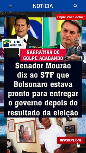 Senador Mourão diz ao STF que Bolsonaro estava pronto para entregar o governo