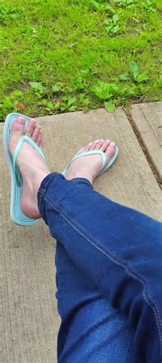 French pedi and walking and posing in blue flip flops showing feet