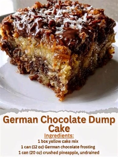 German Chocolate Dump Cake Ingredients: - 1 box yellow cake mix - 1 can (12 oz) German chocolate frosting - 1 can (20 oz) crushed pineapple, undrained - 1 cup chopped pecans - 1/2 cup butter, sliced - 1 cup shredded coconut Directions: 1. Preheat oven to 350°F (175°C). 2. Lightly grease a 9x13-inch baking dish. 3. Spread the crushed pineapple evenly in the bottom of the prepared baking dish. 4. Spoon dollops of German chocolate frosting over the pineapple. 5. Sprinkle the yellow cake mix evenly 