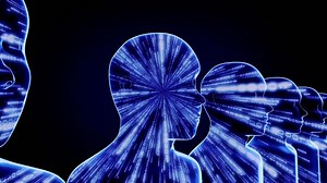 Many Geometrical Man Heads and Matrix Style Binary Code