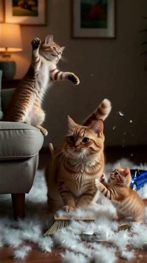 Baby Cat’s Feather Explosion Turns Mama Cat’s House Upside Down!