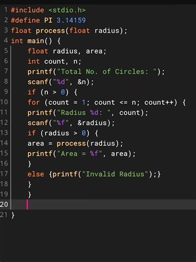 Area of Multiple Circles in C 🔵 | Loop + Function Explained | #Shorts
