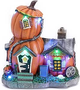 Valery Madelyn Halloween Village Decorations Indoor, 7Inch Lighted Vintage Halloween Pumpkin Haunted House Resin Statues with Music and Light for Table Outdoor Home Party Decor