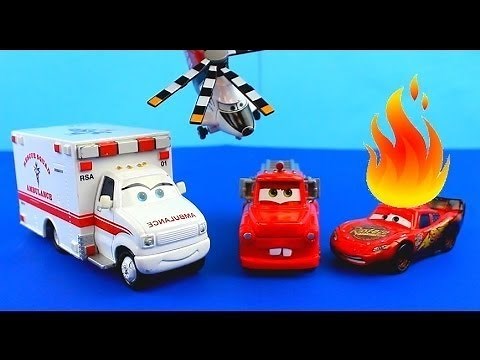 Disney Pixar Cars Rescue squad mater Saves Lightning McQueen on fire after Hellicopter accident 2