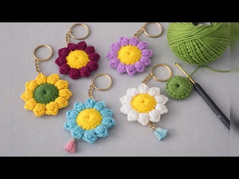 Crochet Flower Keychain Tutorial | Easy Pattern for Beginners ll