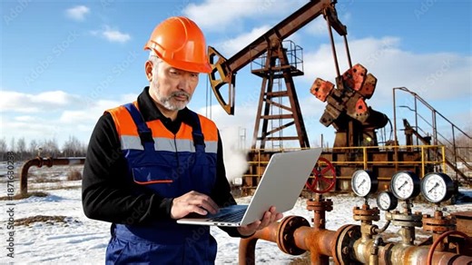 Experienced petroleum engineer using laptop to monitor oil well operations and manage energy production data, optimizing field performance and supporting digital transformation in the oil and gas...