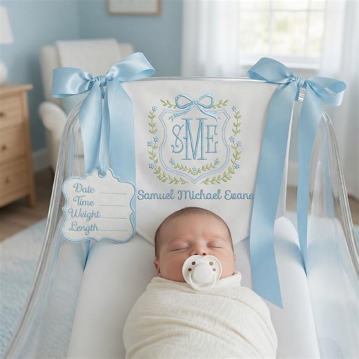 Personalized Baby Welcome Banner, Custom Birth Name Tag, Embroidered Name, Floral Wreath, Satin Bows, Hospital Door Sign - Etsy