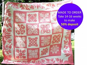 CUSTOM Traditional Sampler Hawaiian Quilt, Traditional Hawaiian Quilt, Custom Quilt Made to Order, Handmade Sampler Quilt Pink & White Quilt - Etsy