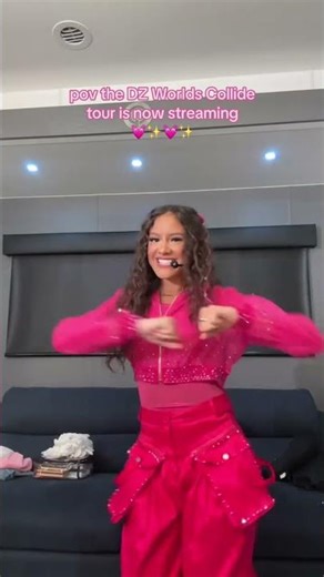 you get a front row seat at the #dzworldscollidetour on @Disney+ 💖✨ #tour #descendants #d5 #pink