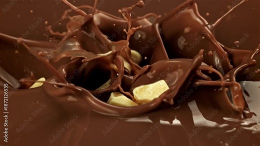 Chocolate Super slow motion White Chocolate Falls Into Milk Liquid . Filmed on a high-speed camera at 1000 fps. High quality FullHD footage