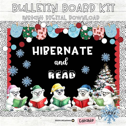 Winter Reading Bulletin Board Kit Hibernate With a Good Book Door Decor Editable - Etsy