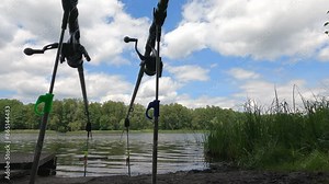 fishing with feeder rods using a bite indicator Stock Video