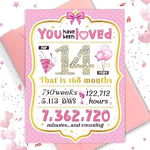 14th Birthday Card TSVATE 14 Year Old Girl Birthday Gifts, Sweet 14 Year Old Birthday Card Pink, Birthday Gifts for 14 Year Old Girls, Daughter, Niece Granddaughter, 14th Birthday Decorations for Girl
