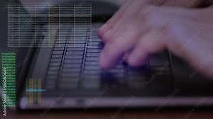 Writing code by hand typing keyboard with futuristic data driven text stream. Coding cybersecurity script or AI chatbot for metaverse online app. Compiling Digital innovation source code for business.