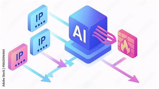 Artificial intelligence processing data and multiple IP addresses with firewall protection, illustrating network security, data flow control, and digital defense in secure environment