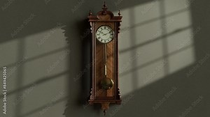 A closeup loop able animation of a swinging pendulum of a brass and wooden grandfather clock mounted on a wall