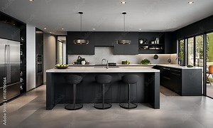Modern black kitchen interior design with island, stools, and stainless steel appliances.