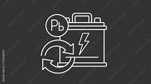 Animated battery reuse white icon. Rechargeable lead-acid voltage line animation. Low cost energy storage. Isolated illustration on dark background. Transition alpha video. Motion graphic Stock Video