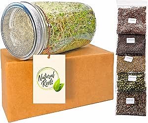 Sprouting Jar with Variety Pack Sprouting Seeds Kit Non-GMO. Pack of 5 premeasured Seeds for 32oz Jars. Includes 1 Packs of: Broccoli, Alfalfa, Radish, Mung Beans & Salad Mix