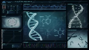 Futuristic technological interface analyzing human DNA. Medical profile of patient showing, genome sequence, DNA visualization, cell mitosis, chromosome animation. Healthcare information.